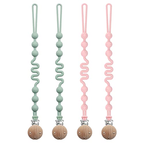 Image of Silicone Pacifier Clip with Adjustable Spring, 4 Pack Pacifier Holder Clips for Baby Boys and Girls, Seposeve Soft Flexible Pacifier Leashes with 3 Textures, One-Piece Design, 2 Green + 2 Pink