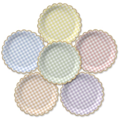 Party Paper Plates 50-Pack 9-Inch Bulk Disposable Decorative Paper Plates with Gold Scalloped Trim 6 Assorted Colors for Tea Party Easter Garden Party and Bridal Showers Gilded Pastel Gingham