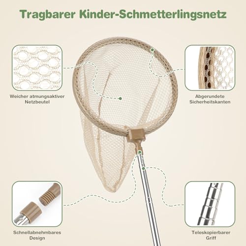 Dreamon Kinder Abenteuer Entdecker Bug Set, mit Schmetterlingsfangnetz, Insektenbeobachtungskäfig aus Holz, Becherlupen, Insektenfänger… – Ansicht 5
