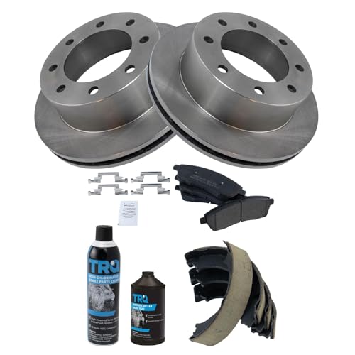 Image of TRQ Rear Brake Pad & Rotor Kit, with Chemical Kit Parking Brake Shoe Set Semi-Metallic Compatible with 2000-2005 Ford Excursion 1999-2004 F-250 Super Duty F-350 Super Duty