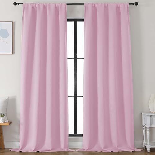 Image of Simplebrand Ava Pink Blackout Curtains for Bedroom 96 Inches Long 2 Panels, Solid Thermal Insulated, Energy Saving Nursery Window Treatment Curtains Blackout Drapes, W50 x L96 Inch, Pink