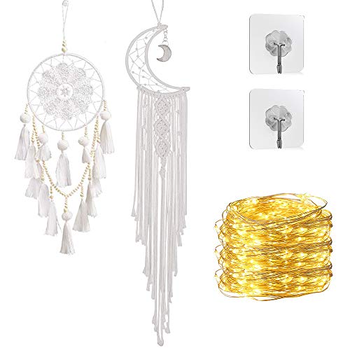Mopoin - Atrapasueños (2 unidades, macramé, para colgar en la pared, con luz LED y 2 ganchos), diseño de atrapasueños