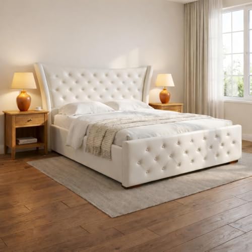 Image of Luxury Queen Size Upholstered Storage Bed with Diamond Tufted Padded Headboard | Premium Velvet Fabric Platform Bed Frame | Solid Wood Structure | Modern Bedroom Furniture | Off White