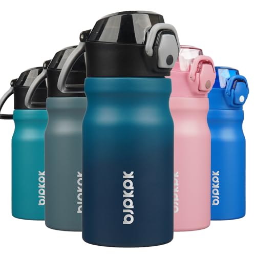 Image of BJPKPK 14 oz Insulated Water Bottle, Straw, Handle, Stainless Steel Flask | Leak Proof Locking Lid, Double Wall Vacuum, Keeps Hot /Cold, BPA Free, Dishwasher Safe, Travel & Sports, Indigo Black
