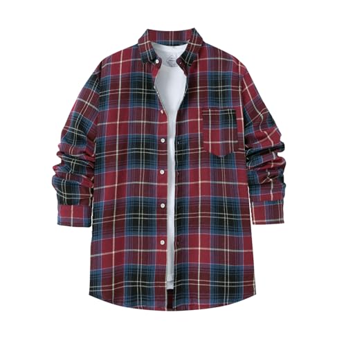 Mens Flannel Button Down Plaid T-Shirts Classic Lapel Casual Shirts Long Sleeve Tops Tees Lightweight Coat Jacket