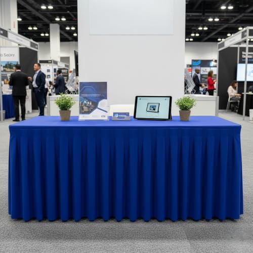 Image of HolidayIdeas Royal Blue Spandex Table Skirts for Rectangle Tables 6ft, Fitted Stretch Table Cover 30x72 Inch, Wrinkle-Free Ruffle Design Tablecloths for Banquets,Trade Shows, Parties, Events, 2 Pack