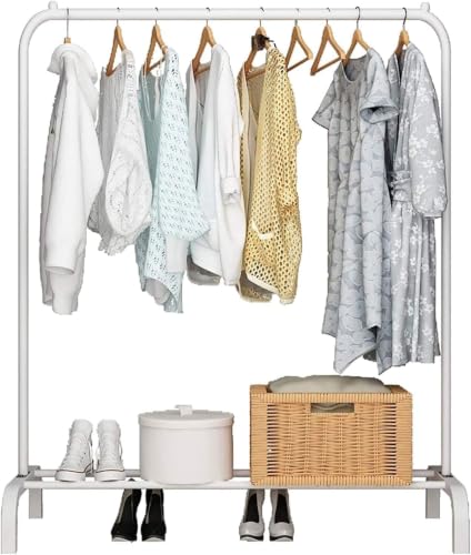 Image of Metal Multifunctional Heavy-Duty Quality Garment Stand Cloth Rack Freestanding Storage Organizer With Bottom Shelves Adjustable Single Pole Coat Hanger (White)