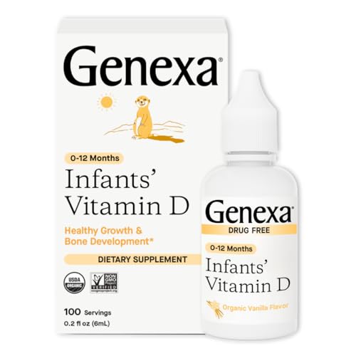 Image of Genexa Infants Vitamin D Liquid Drops for Newborn, Baby & Toddler | Supports Growth & Bone Development | Delicious Organic Vanilla Flavor | Certified Organic, Gluten Free, & Non-GMO | 90 Servings