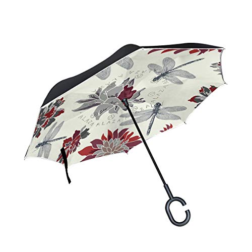 hengpai Dragonfly Flower Reverse Inverted Inside Out Umbrella Cars Unigue Windproof UV Proof Double Layer for Women