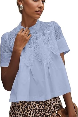 MISSACTIVER Women Lace Trim Short Sleeve Blouse Swing Crew Neck Ruffle Hem Mesh Shirts Summer Loose Poplin Babydoll Tops Blue