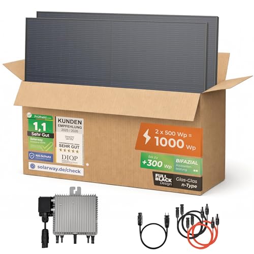 Solarway 1000Wp / 800W Balkonkraftwerk - Deye SUN-M80G4-EU-Q0 800 Watt Wechselrichter - Komplettset mit 500W Solarmodulen Wechselrichter & Zubehör steckerfertige Mini-Solaranlage für die Steckdose