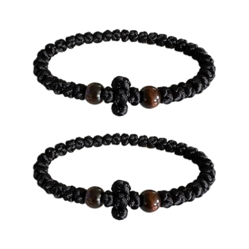 Orthodox Prayer Rope Bracelet, 2-Pack Black Chotki Komboskini, Christian Prayer Beads with Cross