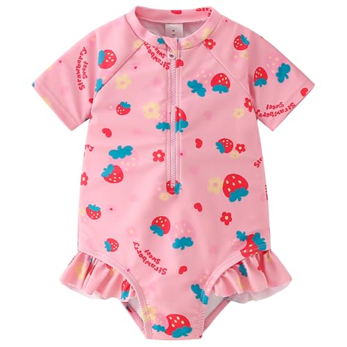 Image of AMIYAN Toddler Girls One-Piece Swimwear Short Sleeve Ruffle Swimsuit Zipper Rash Guard Bathing Suit for Little Girls 1-5Y