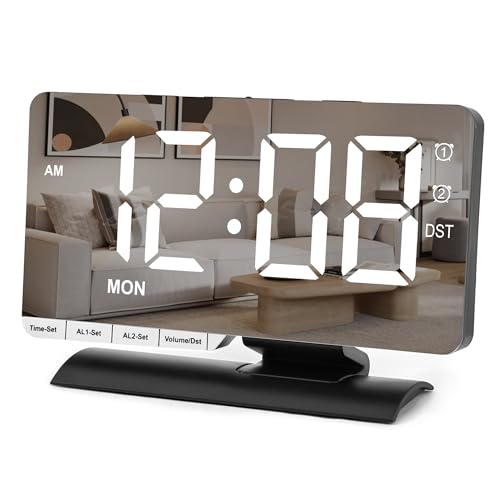 Reloj digital, reloj despertador para mesita de noche, espejo LED grande de 7.3 pulgadas con visualización de fecha, alarma dual con 3 modos, ajuste Brightnee, DST, función de repetición, puerto de
