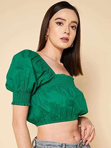 Image of HIGH Star Women's Square Neck Puff Sleeve Pure Cotton Slim Fit Blouson Top