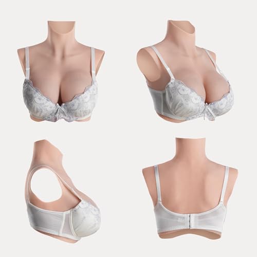 Image of Realistic Silicone Breastplate High Collar Fake Boobs B-F Cup for Crossdressers Drag Queen Mastectomy Transgender (White,F cup)