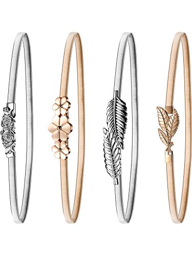 4 Pieces 27'' Women Elastic Waist Belt Stretch Metal Dress Belt for Women, Silver and Gold