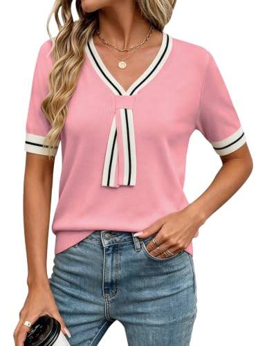 Image of Libsorge Womens Lightweight Cute Bow Tie Sweater Spring 2026 Business Casual Outfits V Neck Short Sleeve Tops