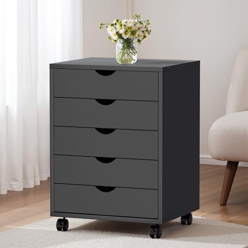 Image of Simple Deluxe 5 Drawer Chest Mobile Storage Cabinets Small Wooden Dresser with Wheels Room Organization Furniture for Office Home, Black Wood