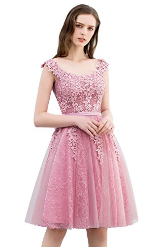 Misshow Damen Partykleider Kurz Elegant Spitze Rockabilly Rosa Brautjungfern Cocktailkleid Abendkleid
