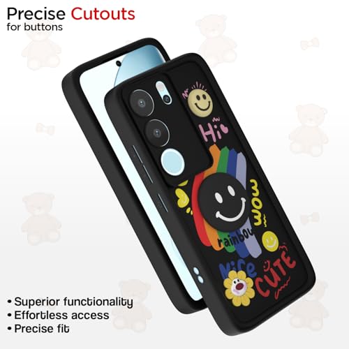 Image of Pikkme Back Cover for Vivo V29 5G / V29 Pro 5G | Soft Silicone| Cute Rainbow Smile & 3D Cartoon Flower Design | Shockproof Raised Camera Protection Bumper Case (Black)