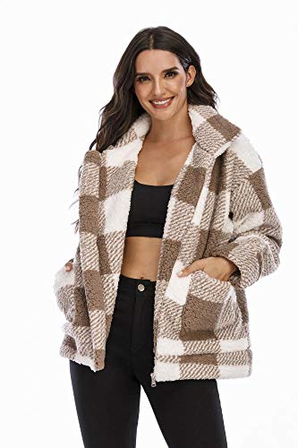Women\'s Fashion Long Sleeve Zipper Up Lapel Faux Fur Coat Winter Oversize Shearling Shaggy Fleece Jacket with Pockets (Camel,Small)