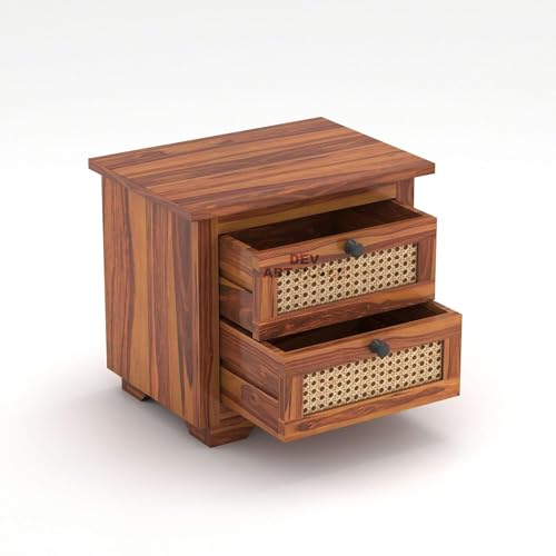 Image of Solid Sheesham Wood Bedside Table for Bedroom | Handmade Pure Wooden Bed Side Nightstand End Table with 2 Drawers Storage for Home & Bed Room | Rosewood, Honey Finish