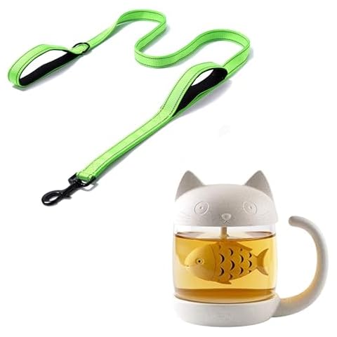 Heavy Duty Dog Leash(6 ft, Bright Green) with Cute Cat Glass Cup Tea Mug with Fish Tea Infuser Strainer Filter Cover