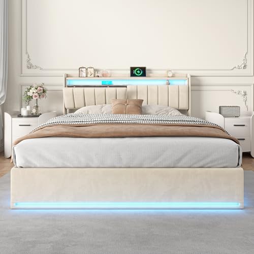 BRYXR Polsterbett 160x200 mit Stauraum&Lattenrost, Doppelbett mit USB Type-C Aufladen, Hydraulischem und LED-StauraumKopfteil, Jugendbett, Funktionsbett, Bettgestell Beige Samt(Ohne Matratze)