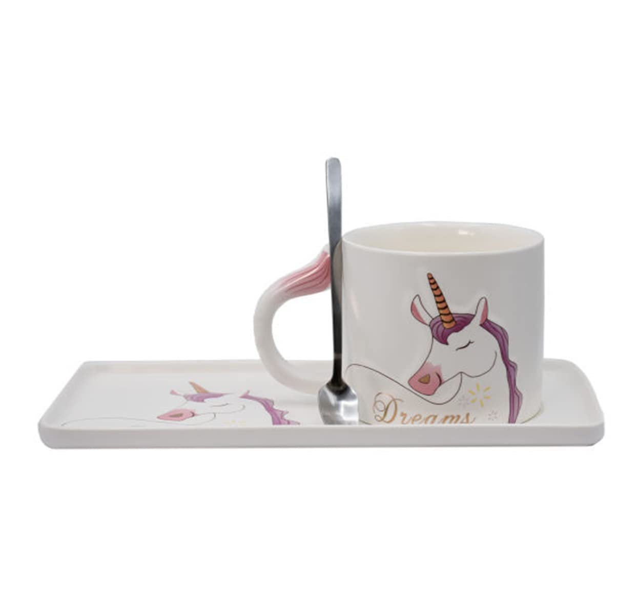 NYRWANA Unicorn Ceramic Coffee Mug with Tray/Saucer Set for Kitchen Decor, Best Housewarming Gifts, Birthday Gifts (White)