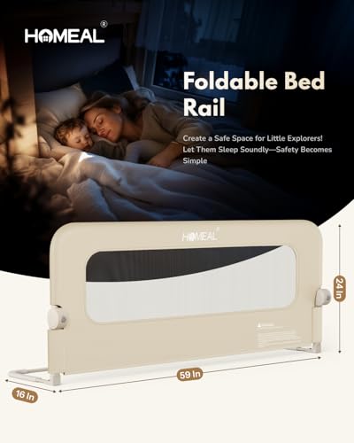 Image of HOMEAL Bed Rail for Toddlers - Swing Down Bed Guard with Double Reinforced Stability, Foldable Metal Safety Rail for King, Queen, Full & Twin Beds (Beige, 59in)