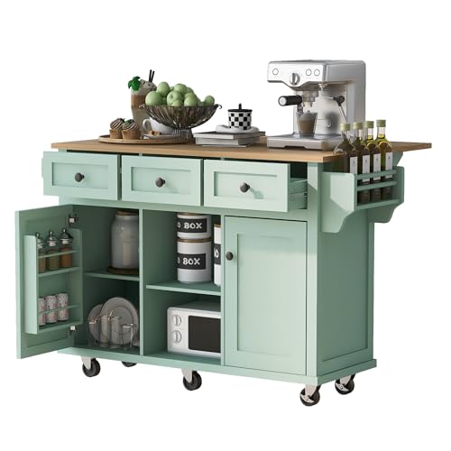 Kitchen-Island-Cart-on-Wheels-with-Drop-Leaf-Rolling-Kitchen-Island-with-Internal-Storage-Racks-and-3-Storage-Drawers-Large-Kitchen-Cart-for-Dinning-Room-Living-Room-Mint-Green Kitchen Island Cart on Wheels with Drop Leaf Rolling Kitchen Island with Internal Storage Racks and 3 Storage Drawers Large Kitchen Cart for Dinning Room Living Room Mint Green