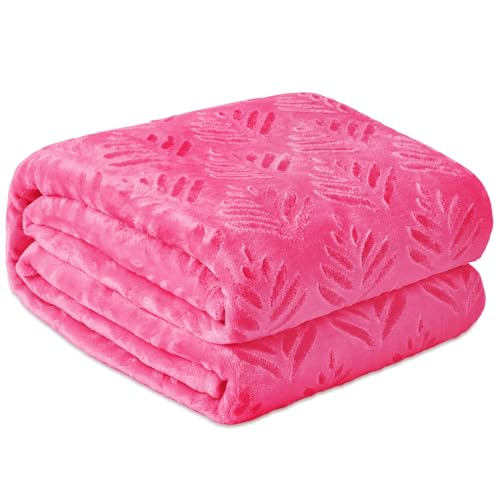 Exclusivo Mezcla Fleece Throw Blanket for Couch, Super Soft and Warm Blankets for All Seasons, Plush Fuzzy Leaves Pattern Throw, Hot Pink Throw, 127x150 CM