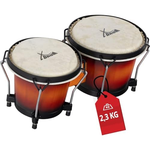 XDrum PERC Bongos Club Burdeos - 2 tambores de 6" y 7" - Bongos con parches naturales afinables y llave de afinación - Tambores de madera Vintage Sunburst