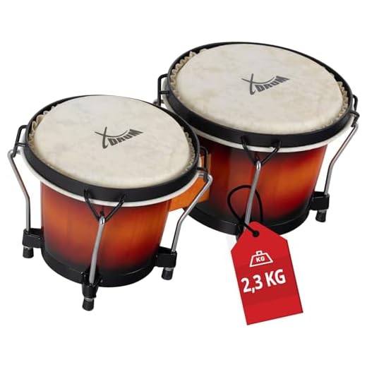 XDrum PERC Bongos Club Burdeos - 2 tambores de 6" y 7" - Bongos con parches naturales afinables y llave de afinación - Tambores de madera Vintage Sunburst