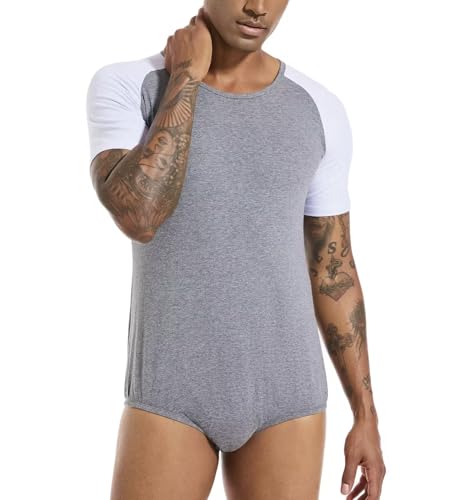 Men Short Sleeve Romper Pajama Bodysuit One Piece Crotch Shirt Tops3