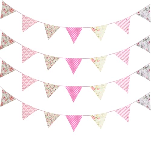 Image of Zwiebeco 32Ft Pink Floral Fabric Bunting Triangle Flags Cotton Flower Pennant Banner Decoration for Birthday Wedding Engagement Baby Shower Tea Party Spring Rustic Village Home Garden Decor