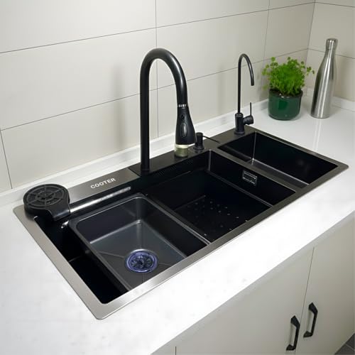 Image of COOTER Kitchen Sink, Double Bowl Waterfall Sink 37x18x10 Inch, 304 Grade Stainless Steel Sink with Fruit Basket, Pull Down Faucet