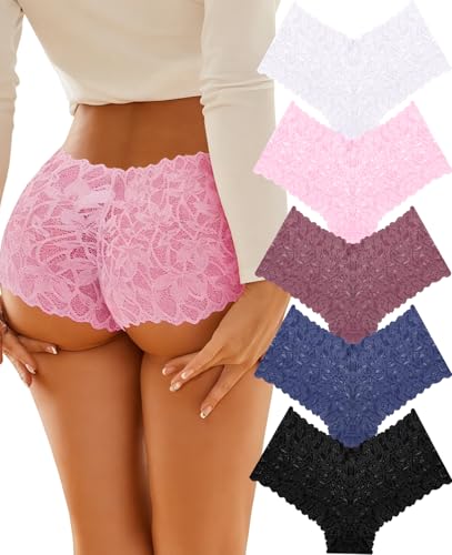 Image of ALL OF SHE Sexy Underwear Panties for Women Cheeky V Waist Lace Boyshorts Lingerie Plus Size Underwear Gift Wife Women 5 Pack