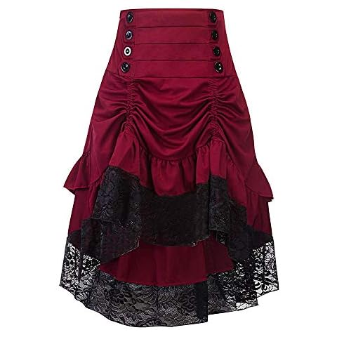 Zerototens Women Gothic Steampunk Retro Skirt Ladies Asymmetrical High Low Stitching Skirt Lace Ruffled Long Skirt Red Cover