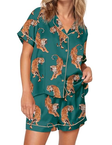 Image of SHESHOW Satin Pajamas for Women Set Preppy Animals Pjs Short Sleeve Shorts 2 Piece Loungewear Sets XS-XXL