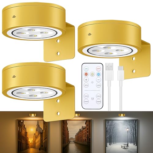 Image of 3-Pack Picture Lights for Wall, Rechargeable Battery Operated Led Painting Light with Remote Dimmable ＆ Timer, 3 Lighting Modes Magnetic Art Display Light, Wall Decorative Lighting for Picture,Frame