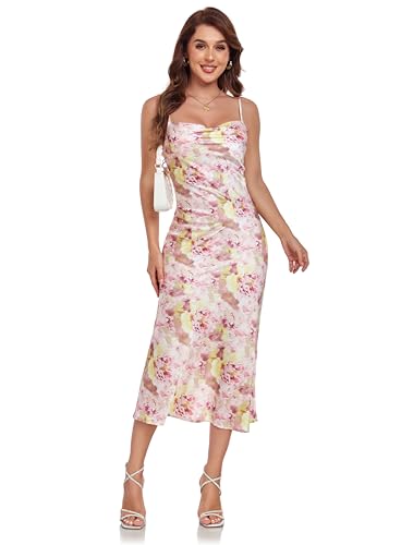 Image of Women's Spaghetti Strap Midi Satin Silk Dresses Slip Cowl Neck Party Cocktail Evening Sexy Dress