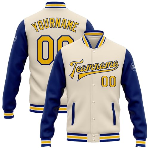 Custom Varsity Jacket, Custom Letterman Jacket, Letterman Jacket, Custom Cream Gold-Black Bomber Full-Snap