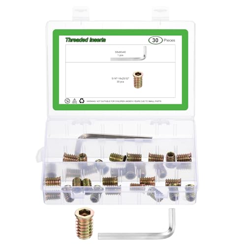 sourcing map 30Pcs 5/16-18x25/32 Threaded Inserts Nuts, Zinc Alloy Hex Socket Drive Screw-in Nut Threaded Inserts with 1Pcs Hex Wrench, Wood Inserts Bolt Assortment Kit for Wood Furniture