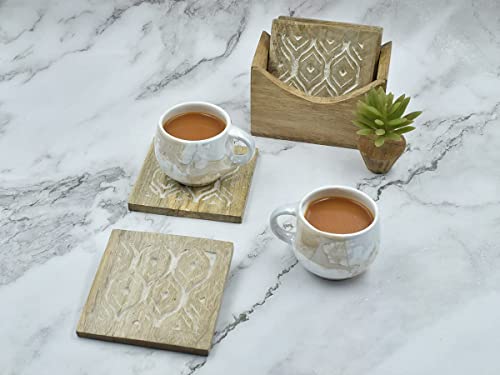 STORE INDYA Set of 4 Wooden Square Coasters with Holder for Tea Coffee Beer Wine Glass Drinks-Natural FinishÂ Tabletop Protection for Any TableÂ Perfect Coasters Fits Any Size of Drinking Glasses