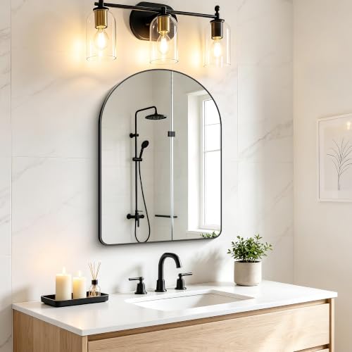 Image of FORBATH Arched Bathroom Mirror 20x28 Inch, Bathroom Mirror Wall Mounted Modern Black Aluminum Alloy Frame Decor Dresser Mirror for Bedroom Living Room Entryway, Hanging or Leaning Against Wall