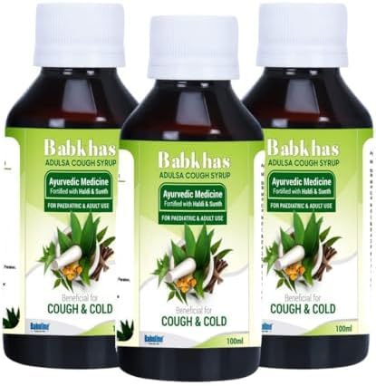 Babkhas Ayurvedic Adulsa Cough Syrup 100ml, Pack of 3 | Ayurvedic Cough Syrup For Kids & Adults, Helps in Relief from Sore Throat, Chest Congestion, All Types Of Cough & Cold With Goodness Of Haldi Sunth Turmeric Dry Ginger, Safe For Babies