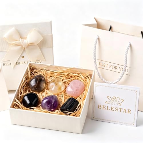 House Protection Crystal Set - 6 Healing Stones for Negative Energy Removal, EMF Cleansing & Spiritual Blessing - New Home Gift with Blessing Card & Gift Box