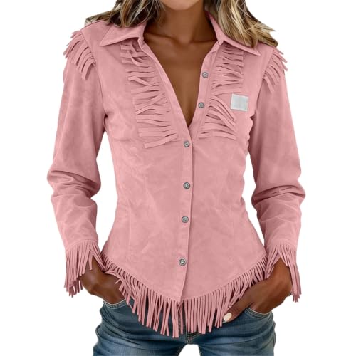 Image of BUKKNYE Pink Women Suede Jacket Women Fringe Tops V-Neck Button Down Tassel Long Sleeve Vintage Western Wear Plus Size Distressed Retro Cowgirl Country Concert Shirts